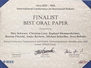 Finalist for Best Oral Paper Award (Robust Immersive Telepresence and Mobile Telemanipulation: NimbRo wins ANA Avatar XPRIZE Finals) preview